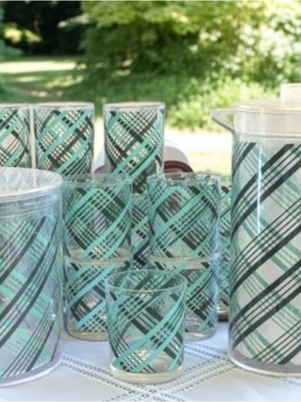Turquoise Plaid Glass Drinkware Set by